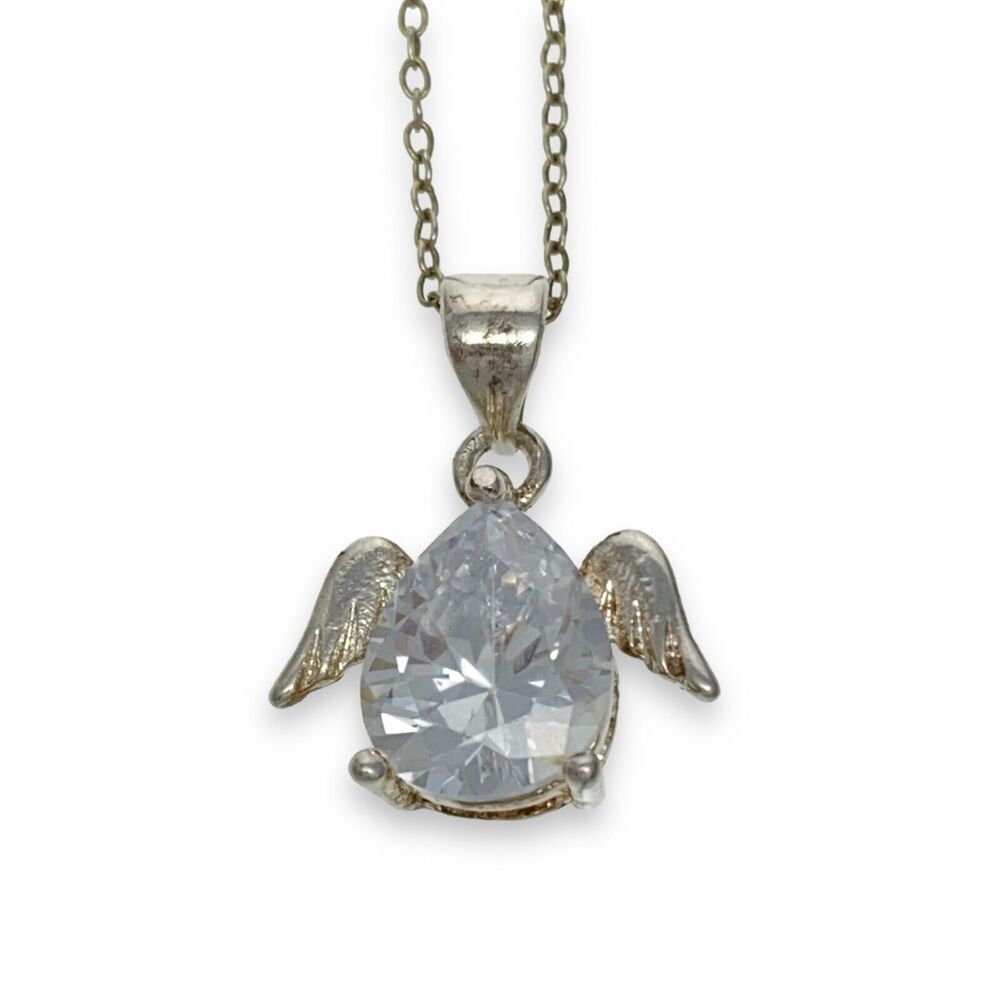 Vintage Italy Sterling Silver 925 Angel Wing Cubic Zirconia Pendant Necklace 18"